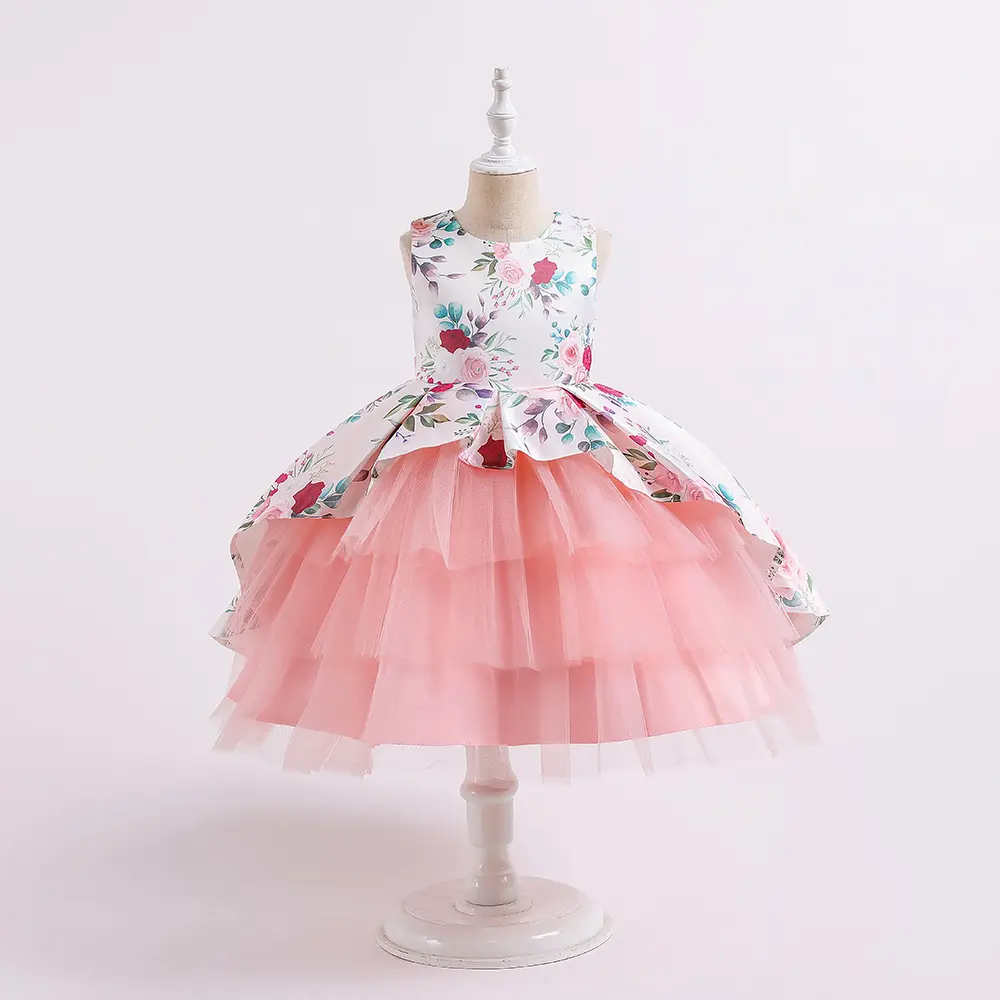 1-6Y Floral Print Baby Flower Girl Dresses Wedding Kids Girls Dresses Rose Cotton for Party Wear