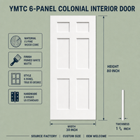Porte intérieure blanche à 6 panneaux style Shaker colonial, en bois massif apprêté, avec âme en bois massif, 30x80 pouces, revêtement MDF à 90 degrés