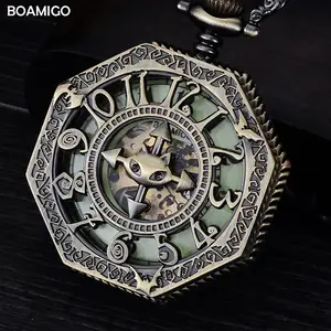 Pria Mekanis Jam Tangan Antik Saku Skeleton Watch Signifikan Analog Display Rantai Perak BOAMIGO Panas Hadiah Reloj Hombre