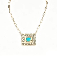 Collier Pendentif Géométrique Rectangulaire Minimaliste Tendance avec Concho et Gemmes Colorées Turquoise, Bijou Long Style Couple