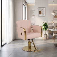 Chaise de coiffure de luxe rose en PU, mobilier de salon, base hydraulique dorée, chaise de barbier pour salon de beauté