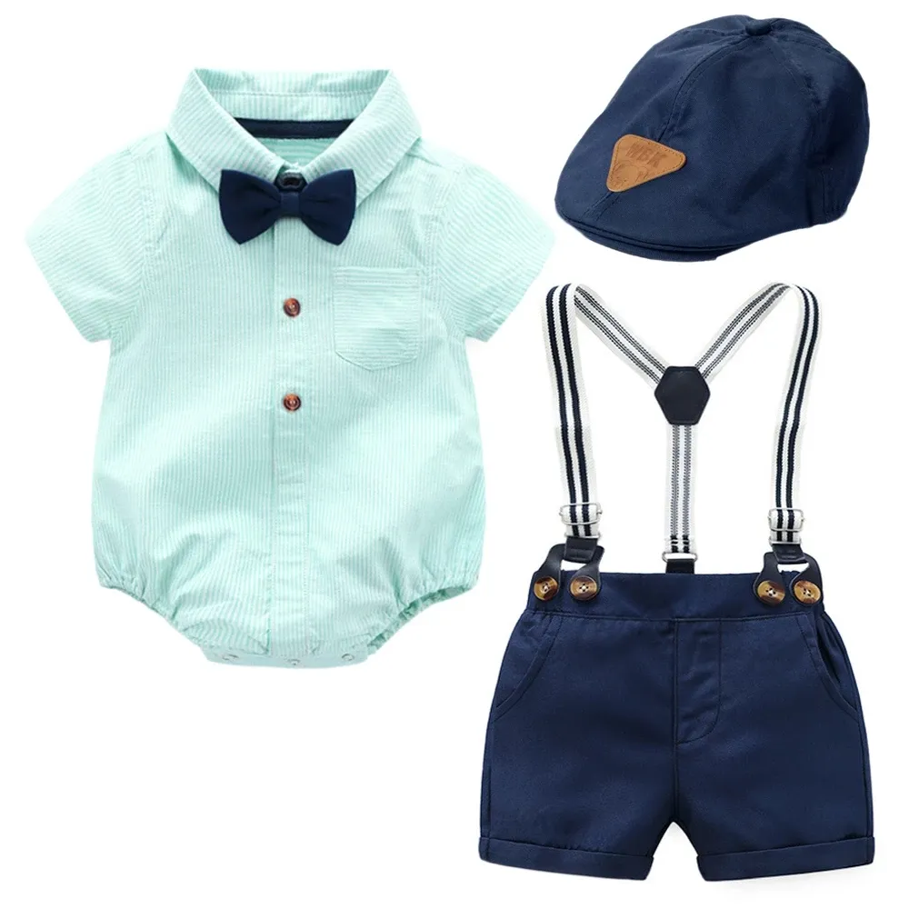 Summer Set Cotton Green Romper + Navy Shorts + Hat Baby Boy Party Clothes