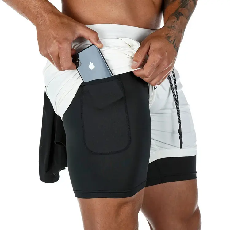 Shorts de camuflagem fitness masculino, venda quente de bermuda dupla-deck de 2 em 1, secagem rápida, para academia, treinamento justo