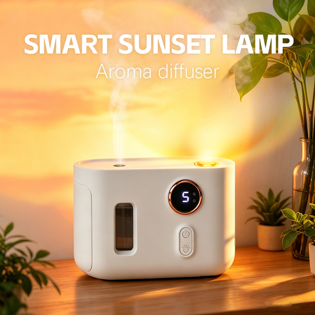 New Aromatherapy Diffuser with Sunset Lamp 100ml 5 Modes Smart Waterless Essential Oil Diffuser Quiet Scent Aroma Diffuser