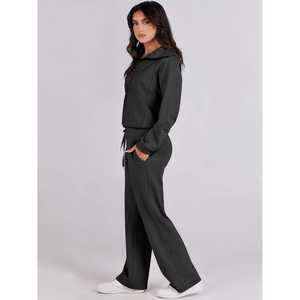 Ensemble de survêtement décontracté pour femme, en tricot uni, ample, avec fermeture éclair, pantalon large à jambes larges, séchage rapide, pour l'aéroport, les vacances, les voyages - Product Image 4