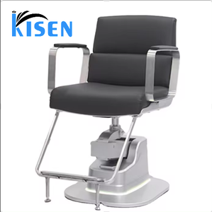 Chaise de barbier KISEN avec base lumineuse LED, levage hydraulique, fauteuil de coiffure en métal argenté avec accoudoirs en cuir PU, pivotant pour salon de coiffure - Product Image 1