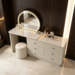 Ensemble coiffeuse crème brillant avec miroir LED rond, tabouret cylindrique horizontal à 6 tiroirs, armoire extensible et bureau de maquillage - Product Image 6