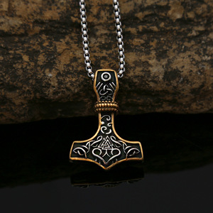 yunnique Thor's Hammer Pendant Stainless Steel Two Tone Gold 60cm <b>Chain</b> Retro Viking Style <b>Men's</b> Necklace Gift - Product Image 2