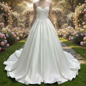 Robe de mariée longue élégante et luxueuse en satin, style princesse, coupe A, pour femmes, robe de mariée blanche de rêve avec dos en V profond et nœud - Product Image 1
