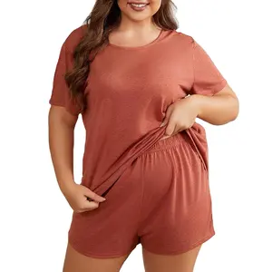 도매 플러스 사이즈 2 장 라운지웨어 세트 여성 잠옷 의류 여름 면 짧은 잠옷 세트 비만 여성용