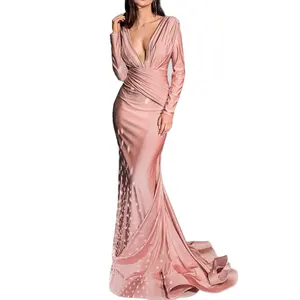 女性褶裥婚纱晚礼服缎面长袖低胸粉色美人鱼舞会奢华优雅性感长晚礼服