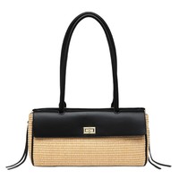 Sac à bandoulière chic et décontracté pour femme, style minimaliste français, en toile de paille matelassée et cuir PU, avec rabat à fermoir rotatif, modèle East West