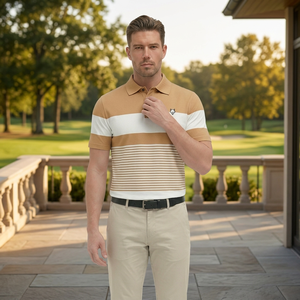 Motogi Men's Sporty Pullover Striped Golf Shirts-100% Cotton Breathable Knitted Fabric in Yellow - Product Image 3