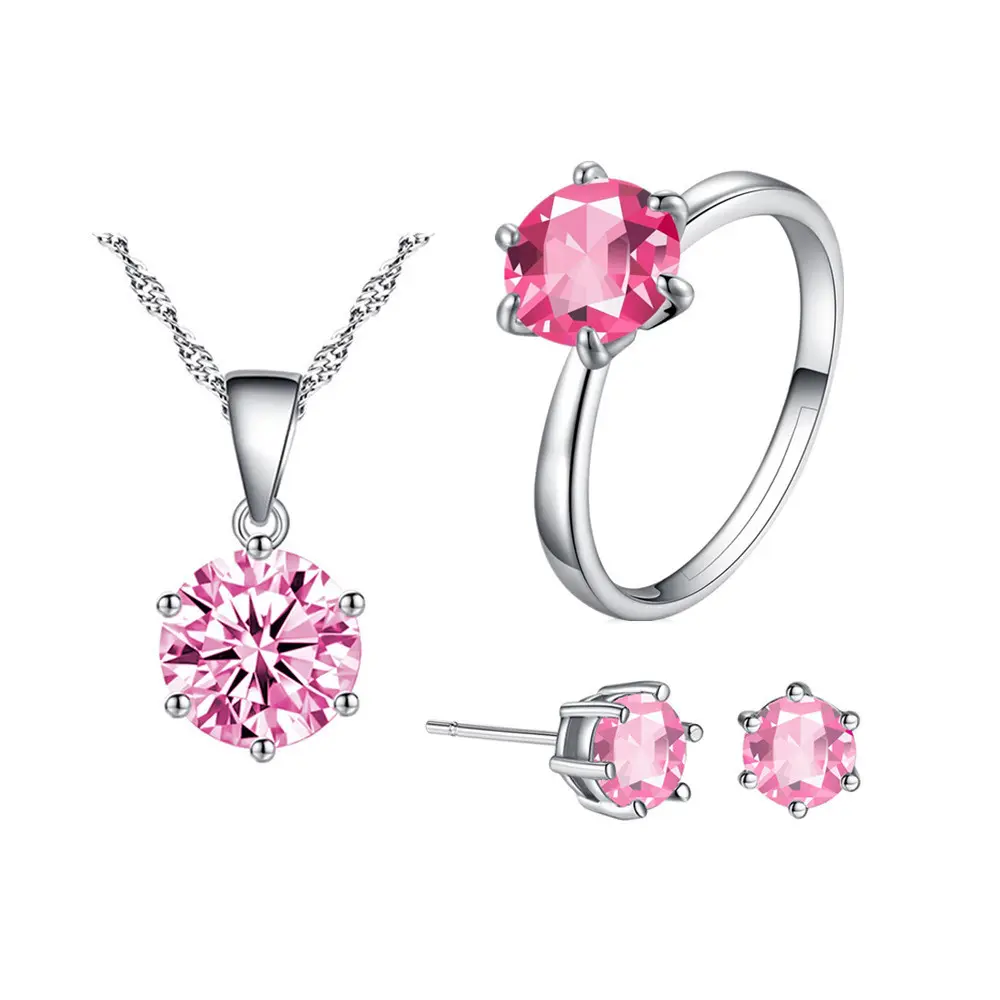 Ensemble de bijoux de mariage, boucles d'oreilles brillantes, à Six griffes, en Zircon cubique, diamant, collier, bague ouverte, populaire, collection 2020