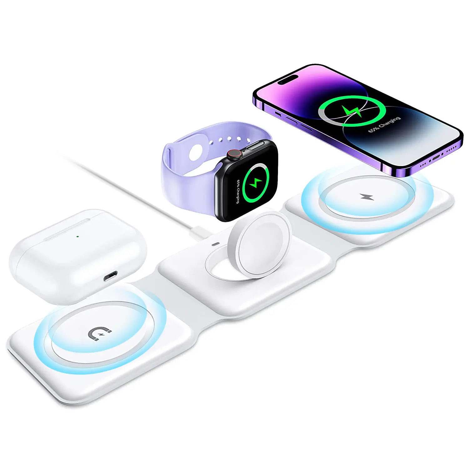 Foldable wireless charger 15w fast charging magntic for watch airpods mobile phones iphone 3 in 1 wireless charger