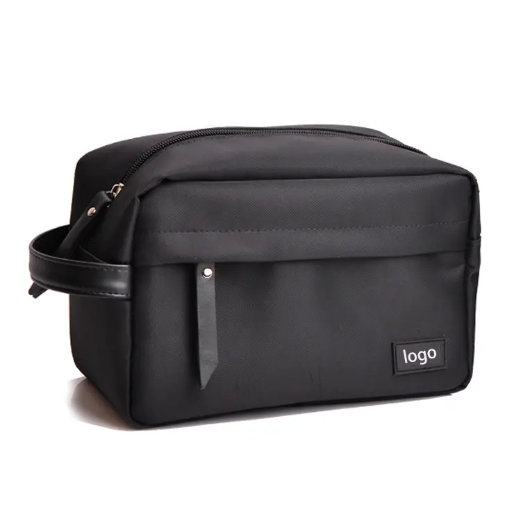 Amazon Hot Sell Customized Logo Handle Cosmetic Pouch Canvas Travel Black Toiletry Bag For Men