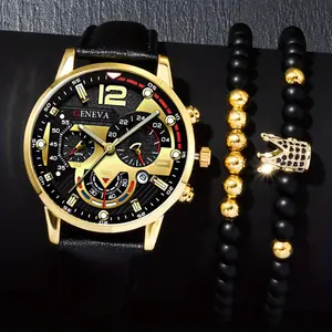 6205 Melhor Venda Cool Men Relógio De Couro Data Ponteiro 2pcs Set Men's Quartz Sports Relógios 2pcs Bead Pulseira Presente Masculino