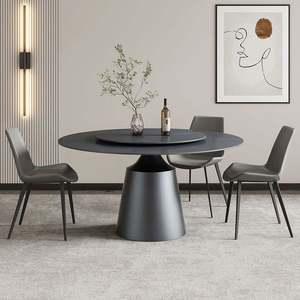 Table à manger rotative en acier inoxydable noir de 60 pouces pour 8 personnes, design minimaliste moderne, plateau en pierre frittée pour villa et appartement - Product Image 4