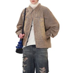 New Arrivals Wholesale Fashion Casual Semi-oversized Fit <b>Corduroy</b> and Denim Fabric Carid Aging Trucker <b>Jacket</b> - Product Image 4