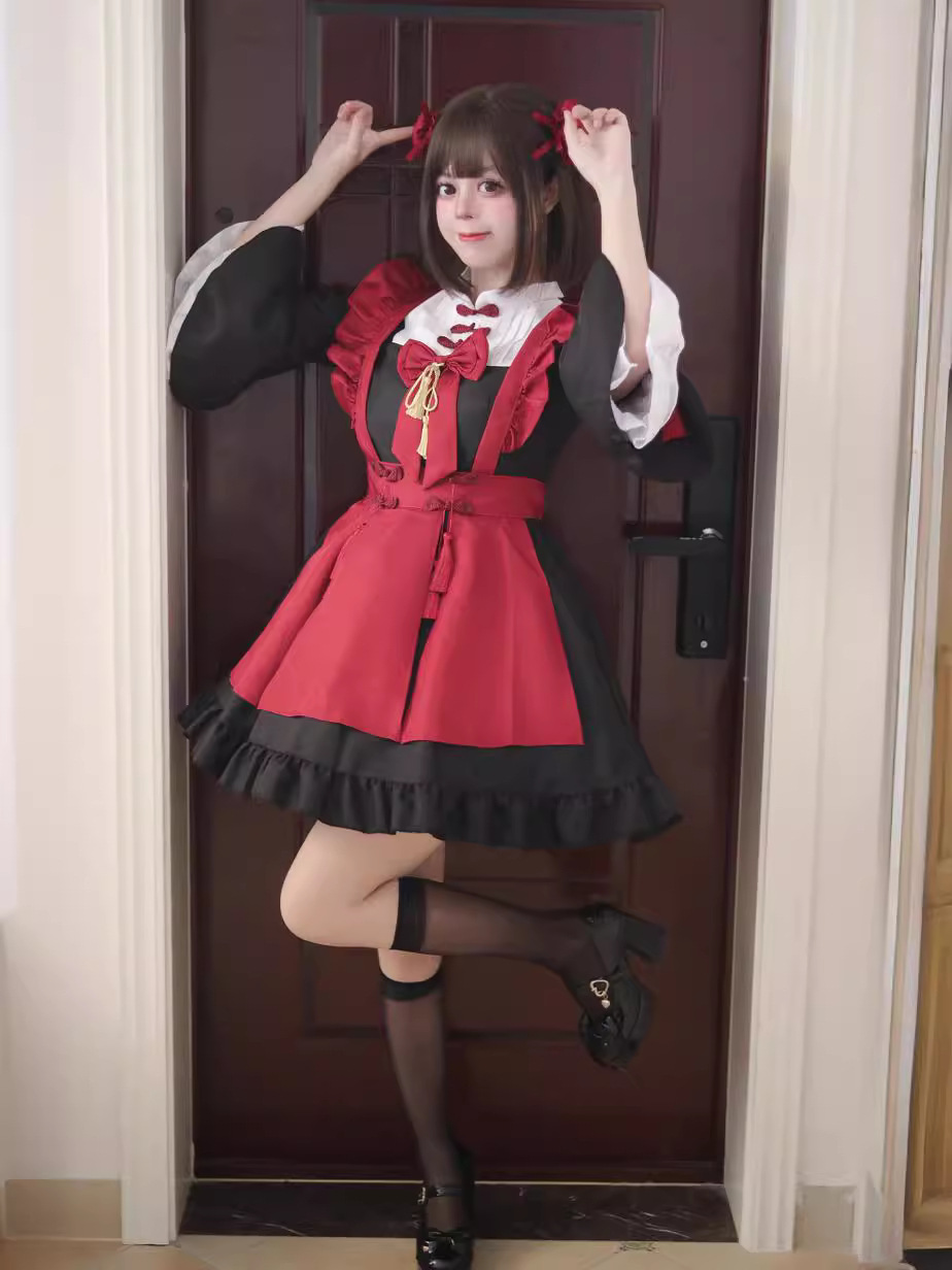 maid dress long Women Japanese Style Black White Long Sleeves Ruffles Maxi Maid Dress Cosplay