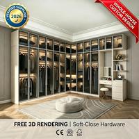 Closet Moderno Personalizado com Porta de Vidro para Toda a Casa, Armário Modular para Quarto com Luz LED e Ferragens de Fechamento Suave