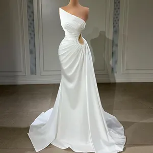 Beautiful Long Sleeveless Beading Wedding Dresses Asymmetrical Neckline Fit and Flare Mermaid Wedding Dresses with Hole Side