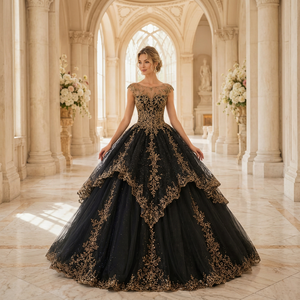 Robe de mariée de bal noire avec appliques dorées brodées, longueur ras du sol, sans manches, décolleté cœur, traîne chapelle, style vintage - Product Image 1