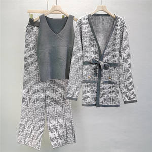 QDZ CH 3 Pieces Set Women'S Elegant <strong>Clothing</strong> Lettered Top Pants Jacket V-Neck Bottom Knitted Shirt Wide Leg Pants for <strong>Lady</strong> - Product Image 5