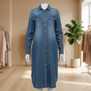 Vestido Camisero de Mezclilla para Mujer, Manga Larga, Largo Maxi, Cuello Camisero, Color Sólido, Estilo Casual, Tela de Algodón Transpirable - Product Image 4