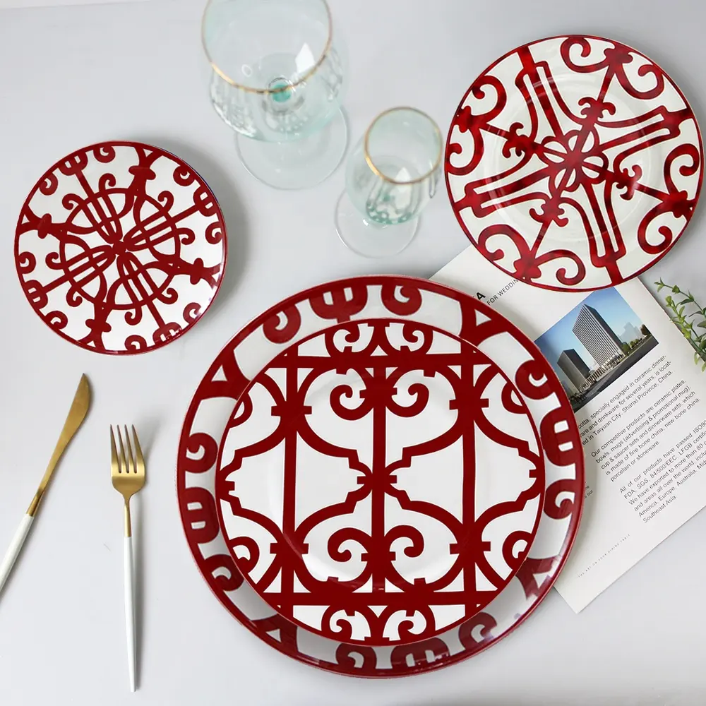 Hot deals red line fine dinner set cross road design wedding dishes wholesale dinner plates ceramic