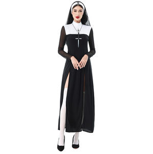 Halloween strega <span class=keywords><strong>suora</strong></span> adulto <span class=keywords><strong>vestito</strong></span> Sexy-abito da donna in poliestere per 4 pezzi con collana calzino foulard - Product Image 1