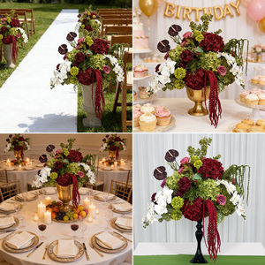 Bouquet de fleurs artificielles en soie rouge et verte, style jardin champêtre réaliste, centre de table pour mariage en extérieur - Product Image 2