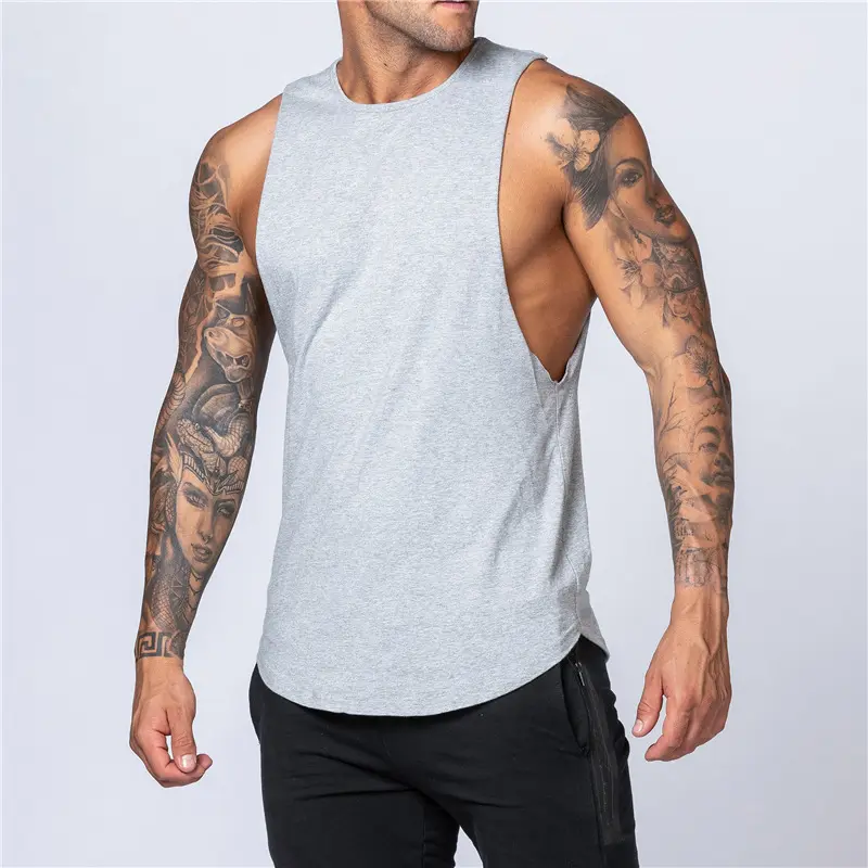 Camicie sportive con logo personalizzato all'ingrosso in cotone da corsa con camice da ginnastica senza maniche per allenamento da uomo