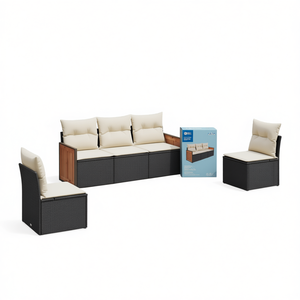 Conjunto de Sofá de Jardín Negro y Crema de 4 Plazas, Muebles de Ratán para Exteriores Resistentes a la Intemperie, Diseño Contemporáneo, Estructura de Madera de Teca - Product Image 1