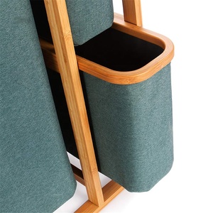 Panier à linge <span class=keywords><strong>double</strong></span> niveau carré en bambou bleu marine avec 3 compartiments en tissu et étagères de rangement - Product Image 4