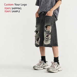 Vaqueros de mezclilla de alta calidad, vintage, de punto, de moda, de pierna ancha, desgastados, estilo Y2K, al por mayor, personalizados, de talle medio, de diseñador, rasgados, holgados, cortos - Product Image 2