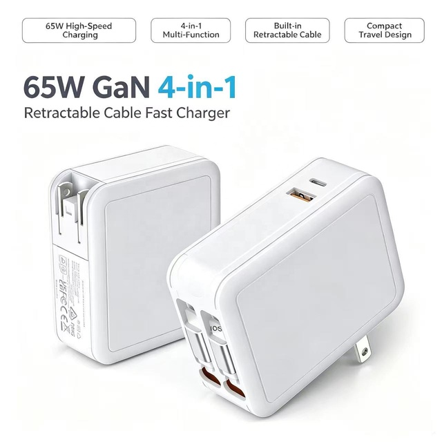 65W GaN 4-in-1 Retractable Cable Fast Charger PD QC3.0 Type-C USB-A Multi Port Adapter For iPhone 16 Laptop