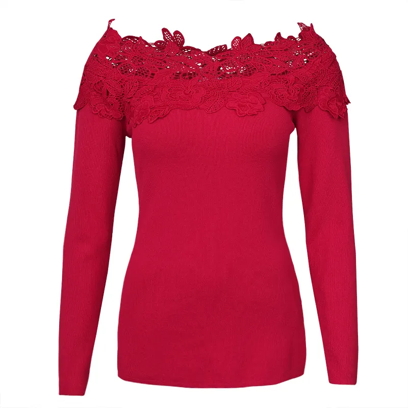 Sexy In Pizzo rosso formale top donne 2019 camicetta delle signore off spalla dolce maglione