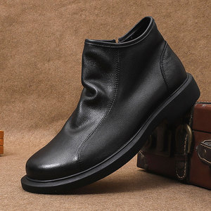 Botas de cuero de estilo coreano de moda para hombre, de caña alta, con suela de cuña suave y forro interior de una sola capa, cortas, tipo Martin. - Product Image 1