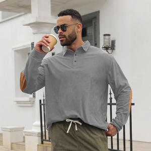 Polo à manches longues pour homme, gris, col boutonné côtelé, respirant, vêtement de loisirs, printemps automne, haut décontracté avec empiècements aux coudes - Product Image 1