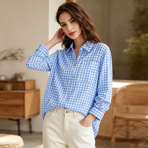 Camisa de Mujer a Cuadros Azul, con Botones, Manga Larga, Corte Holgado Informal, 100% Algodón Popelina, para Primavera/Verano - Product Image 1