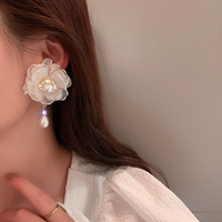 925 Silber Nadel Organza weiße Blume Ohrringe Koreanische Version Diamant Perle Ohrringe süße Super Fee Ohrringe Flut