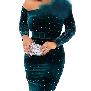 Velvet Bodycon Dress for Women Feather Shiny One Shoulder Sexy Night Out Date Birthday Sequined Glitter Gowns Dresses