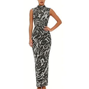 <span class=keywords><strong>Abito</strong></span> lungo da donna senza maniche a collo alto con stampa, cintura a corsetto e coulisse in vita a stile fishbone Sehe Fashion - Product Image 3