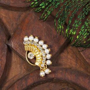 Anillo de Nariz Tradicional Indio con Perla, Chapado en Oro, con Flor de Cobre, Nath Nathani para Mujer, Joyería para Novia, Boda, Piercing - Product Image 1