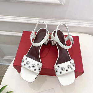 Sandales à talons hauts en laine douce, à bout carré, avec rivets, talon épais, bride unique, bout ouvert et bride arrière à crochet, style décontracté et élégant - Product Image 1