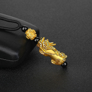 Kalung Feng Shui Cina berlapis emas 24K, rantai manik-manik batu Obsidian hitam, Kalung liontin Pixiu keberuntungan - Product Image 4