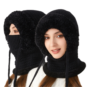 Bonnet tricoté en acrylique pour femme, coupe ample, chaud et épais, doublé polaire coupe-vent, avec cordon de serrage, style hiver - Product Image 1