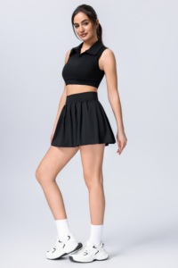 Completo sportivo due pezzi con top corto con colletto e gonna a vita alta, senza maniche, ad asciugatura rapida, per yoga e tennis. - Product Image 6