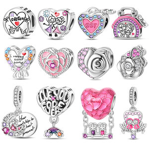 Perles en <span class=keywords><strong>argent</strong></span> plaqué <span class=keywords><strong>argent</strong></span>ées en forme de cœur rose pour la création de bijoux, bracelets et colliers DIY, cadeau pour femmes - Product Image 1